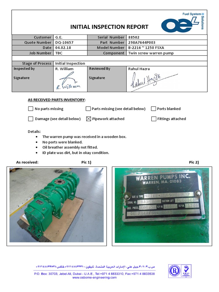 DQ-10657 Initial Inspection Report 05.02.18 | PDF | Pump | Mechanical ...