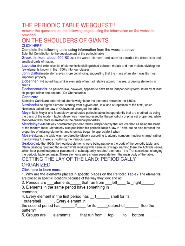 The Periodic Table Webquest  Periodic Table  Metals Regarding Periodic Table Webquest Worksheet Answers