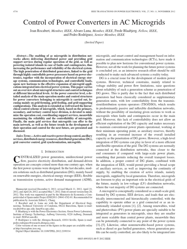 Control of Power Converters in AC Microgrids PDF PDF Distributed