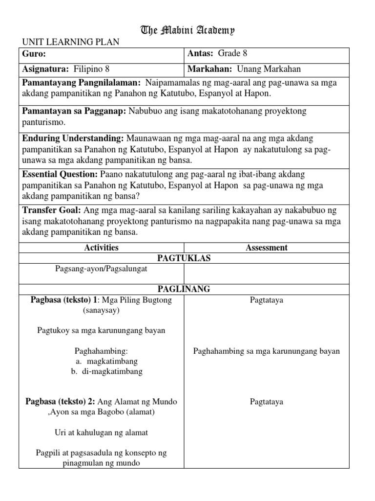 Unit Learning Plan 8 | PDF