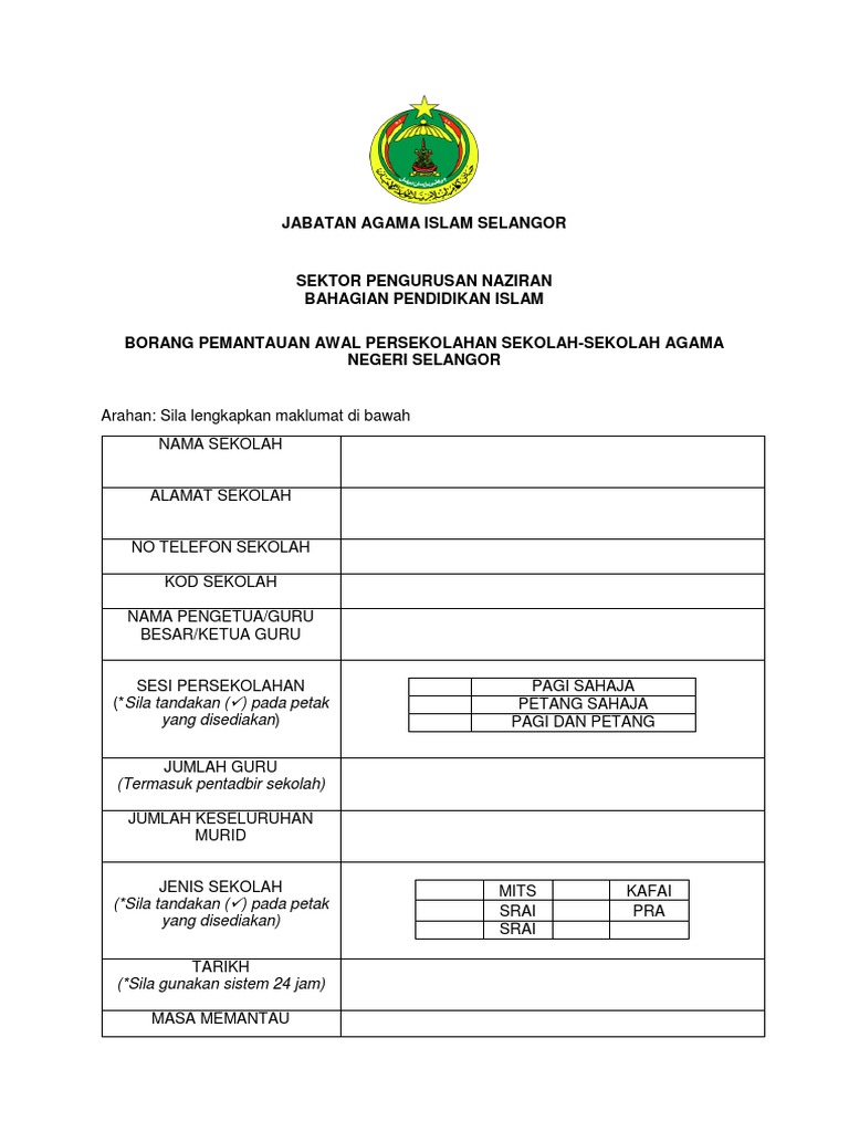 Borang Pemantauan Awal Persekolahan Sekolah Sekolah Agama Negeri Selangor