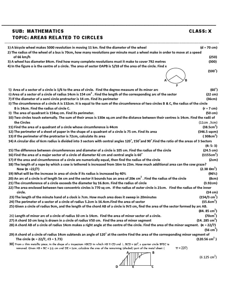 Class 10 Circle Area Worksheet | PDF | Area | Circle