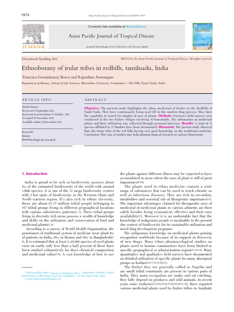 Ethnobotany of Irular Tribes in Redhills Tamilnadu | PDF | Ethnobotany ...