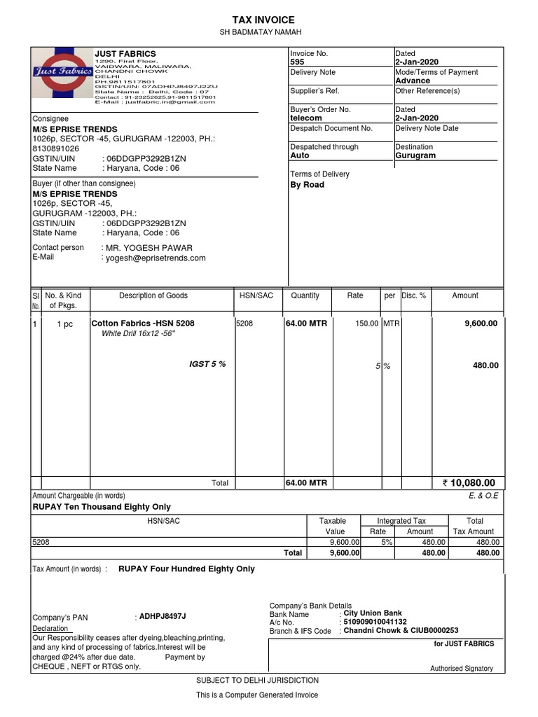 Invoice for Cotton Fabrics Purchase | PDF | Invoice | Services (Economics)