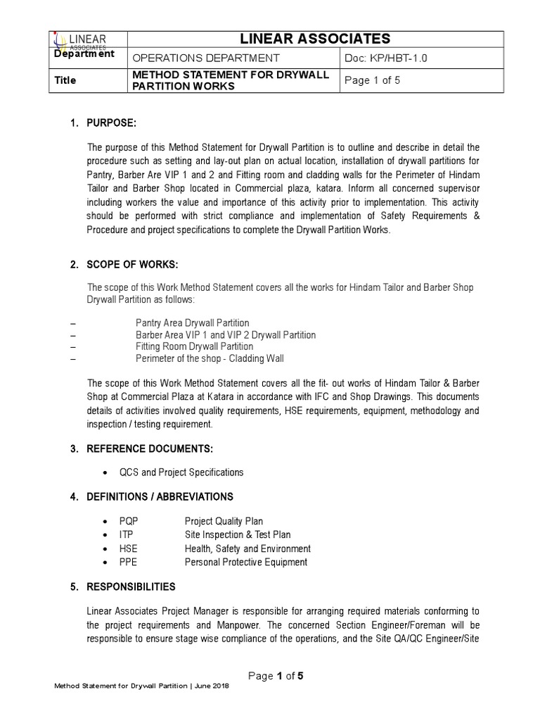 Method Statement For Drywall Partition Framing (Construction) Drywall