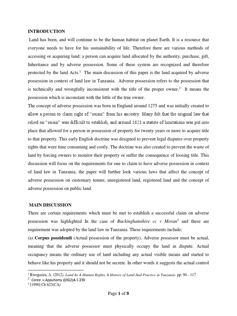 Adverse Possession in Tanzanian Land Law | PDF | Adverse Possession ...