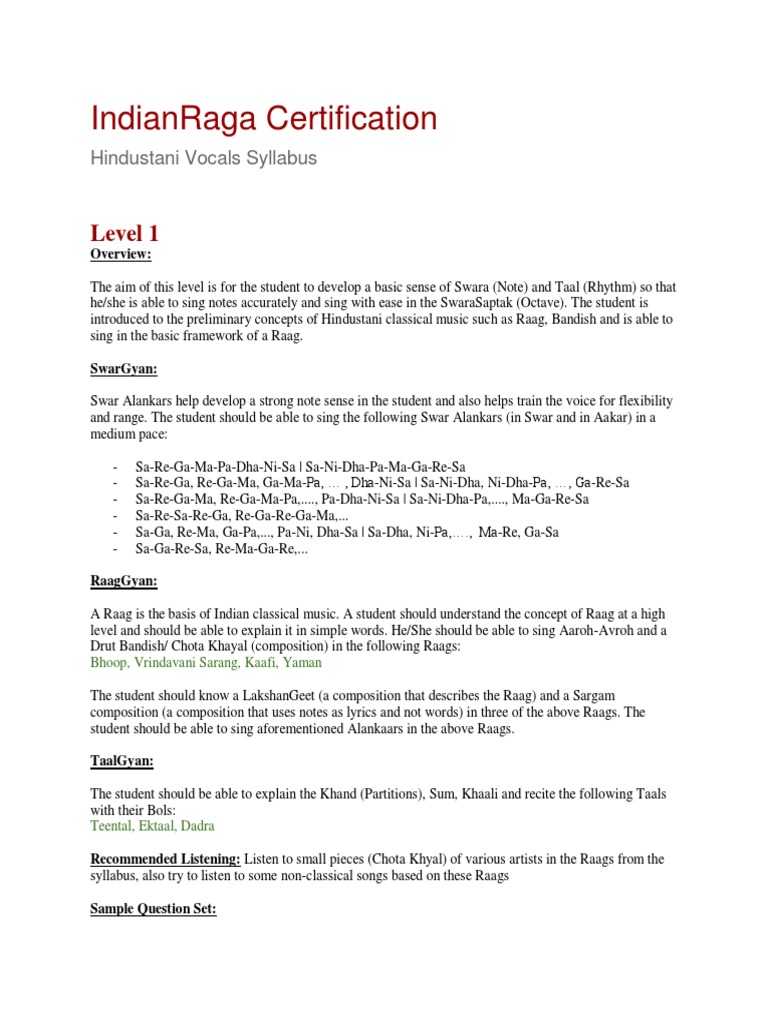 Hindustani Vocals Syllabus Levels 1 4 Pdf Traditional Music Musicology