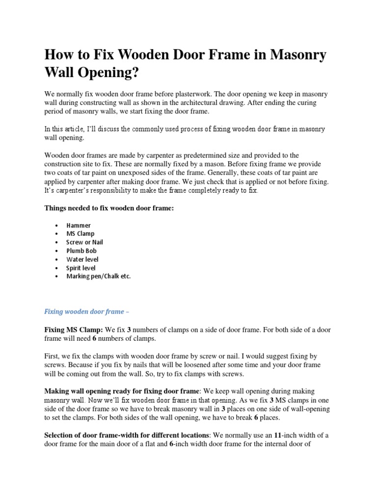 Wooden Door Frame in Masonry Wall Opening PDF Wall Masonry