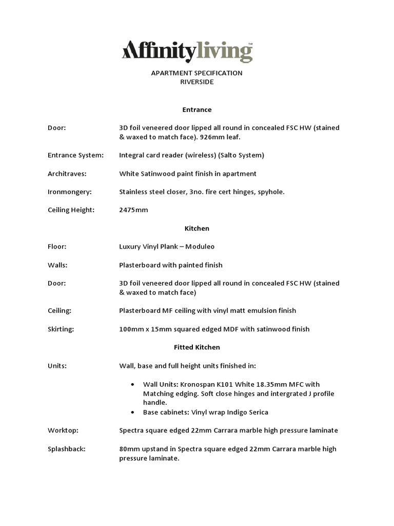 Affinity Living Apartment Specification Riverside GM PDF
