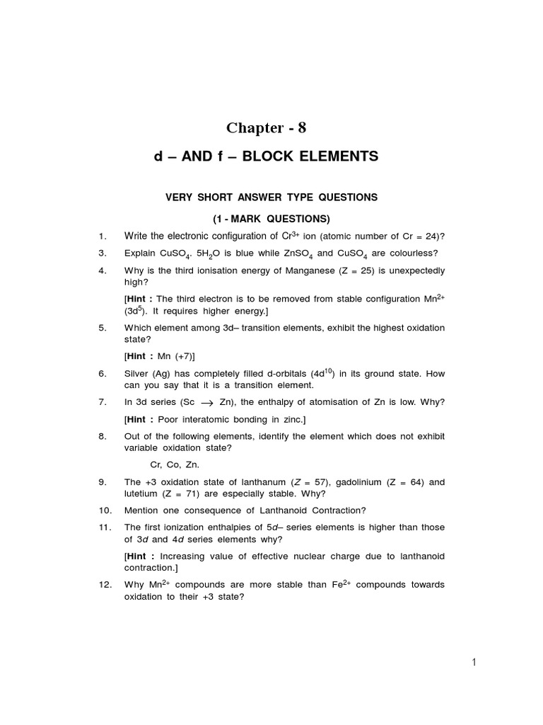 Important D and F Block Questions | PDF | Transition Metals | Redox