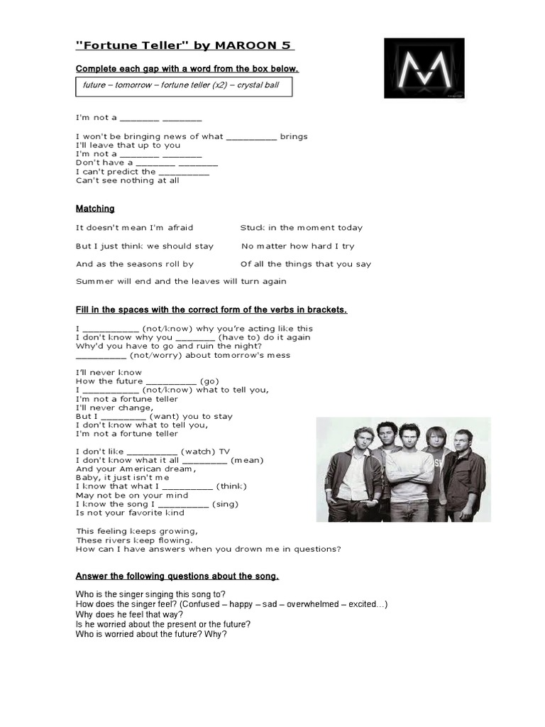 Fortune Teller Song by Maroon 5 Activities With Music Songs Nursery