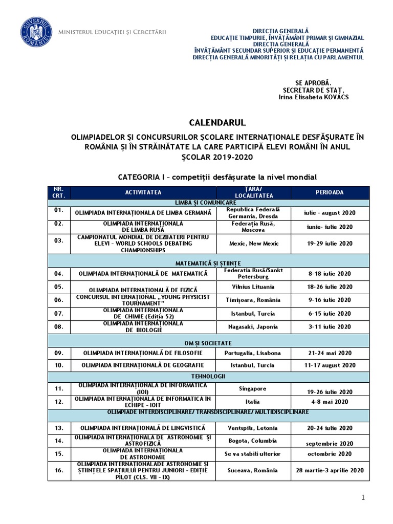 Anexa 1.calendar Olimpiade Si Concursuri Internationale 2020 PDF