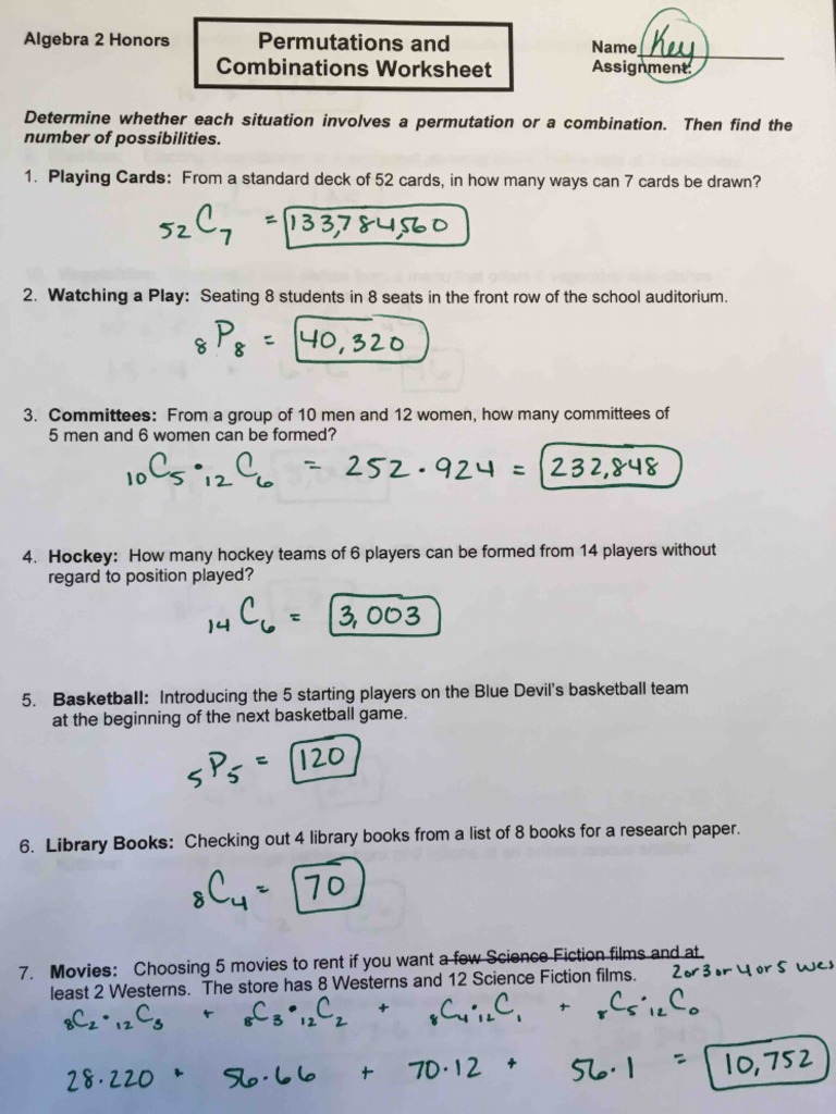Combinations Worksheet Answers
