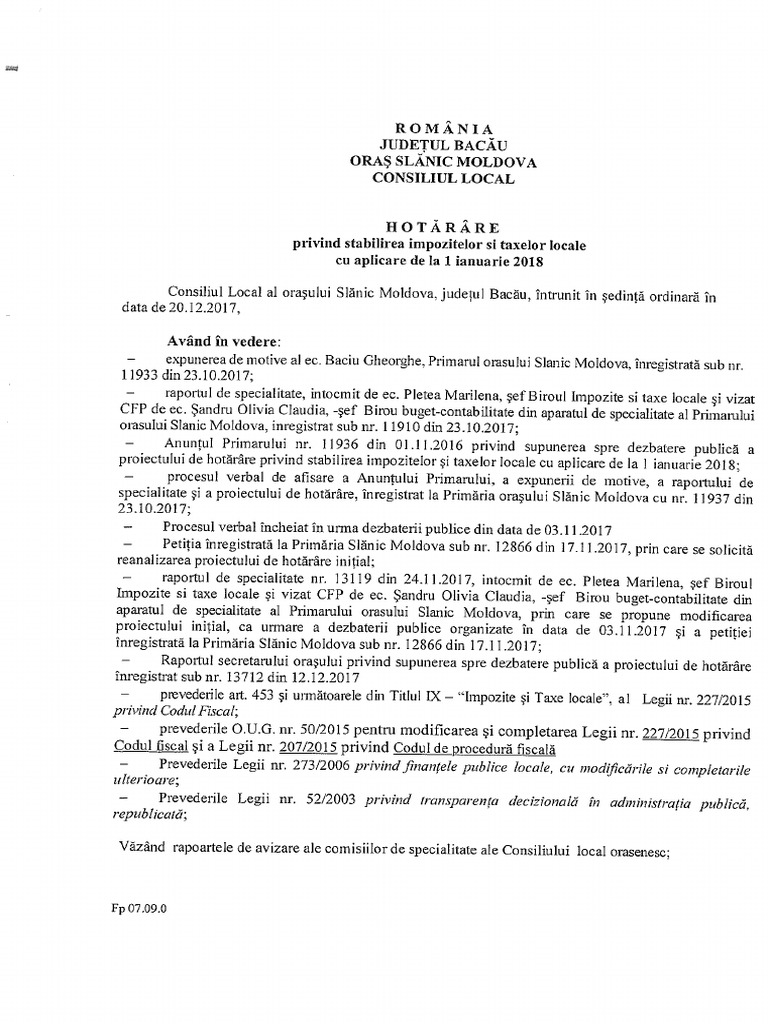 Slanic Aprobare Impozite Si Taxe Locale 2018 Pdf