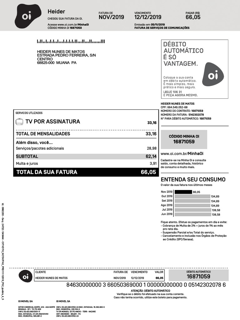 Fatura Oi com detalhes de serviços, valor e código para pagamento | PDF ...