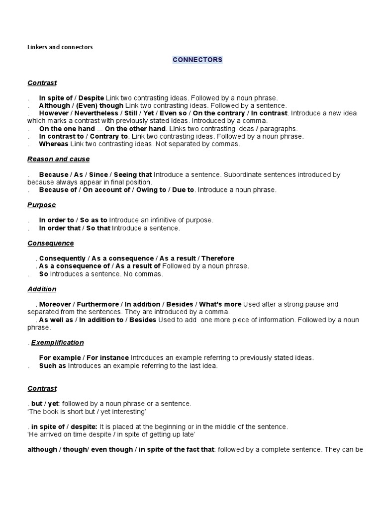 Linkers and Connectors | PDF | Phrase | Comma