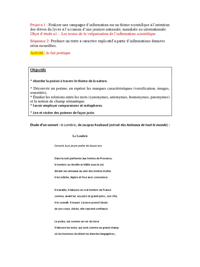 Le Lombric Analyse Bac Francais Fait Poétique 1as Projet 1 Objet D'étude 1 | PDF | Sonnets | Poésie