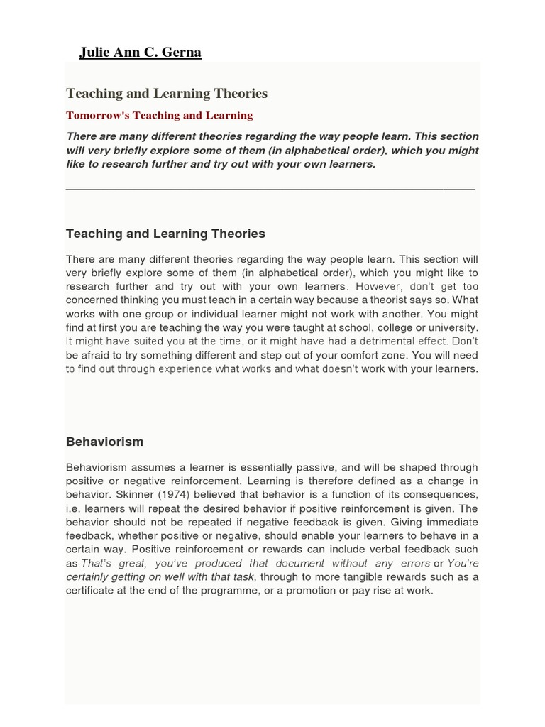 Overview of Learning Theories in Education | PDF | Constructivism ...