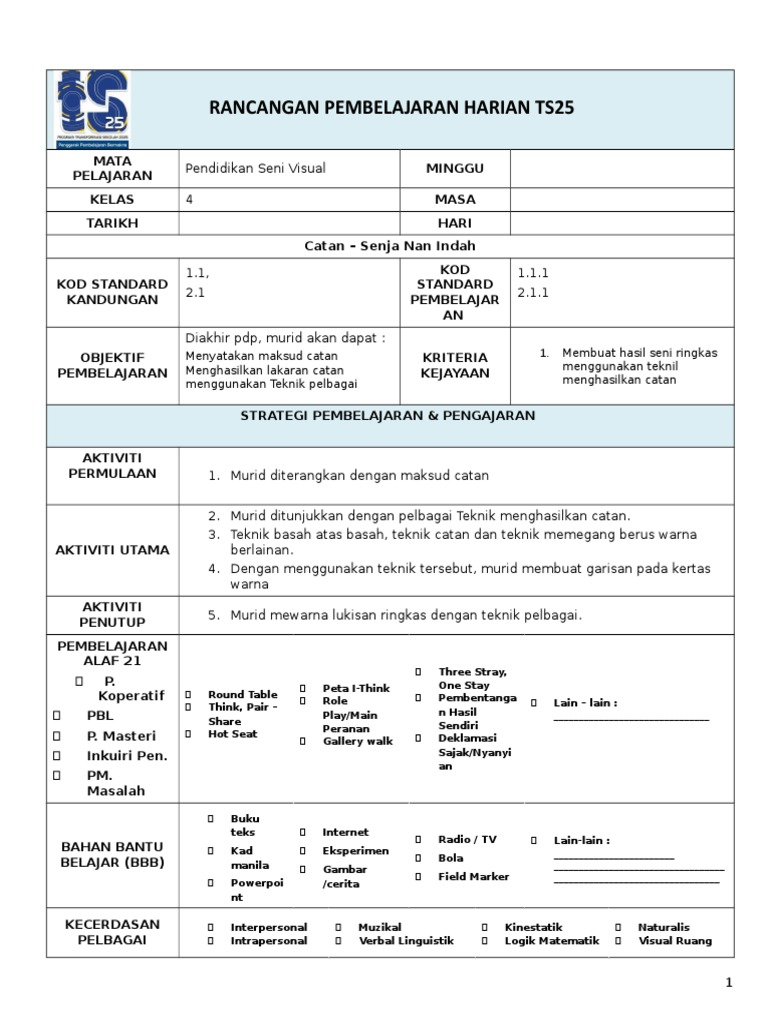 Rph Psv Tahun 4 1 Senja Nan Indah Catan Pdf