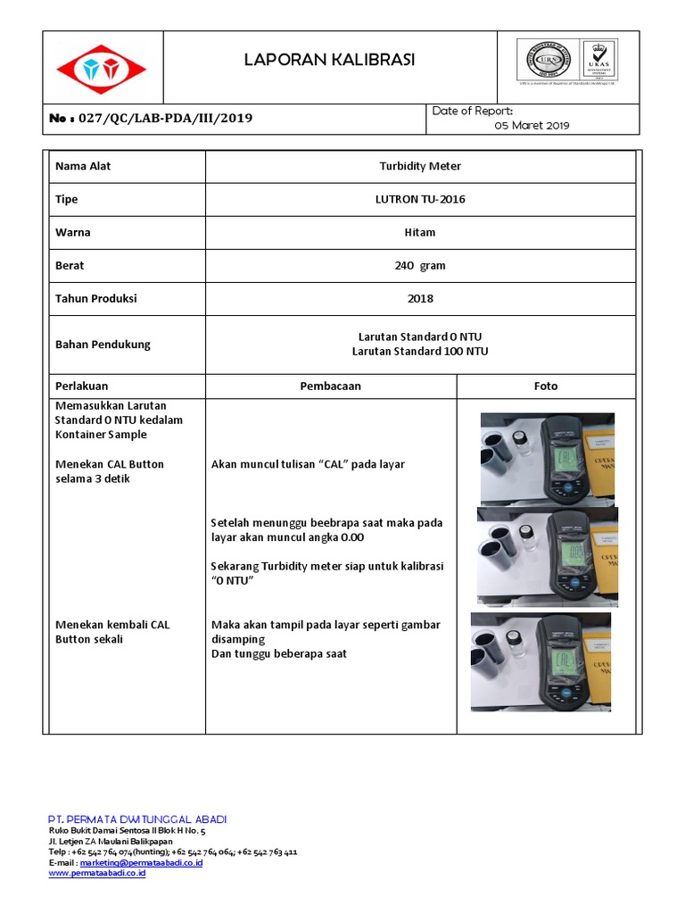 Laporan Kalibrasi Turbidity Meter Lutron TU2016 PDF