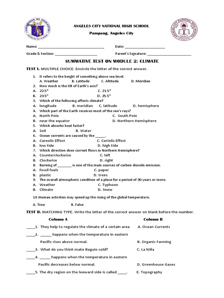 Unit 3 Module 2 Summative Test Climate | PDF | Climate | Weather