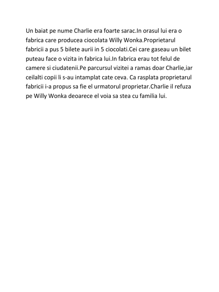 Charlie Si Fabrica De Ciocolata Rezumat Charlie Si Fabrica de Ciocolata Rezumat | PDF