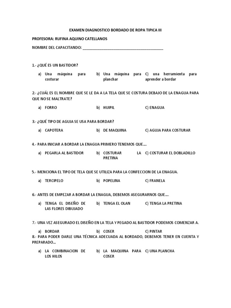 Examen Diagnóstico Bordado Ropa Típica | PDF