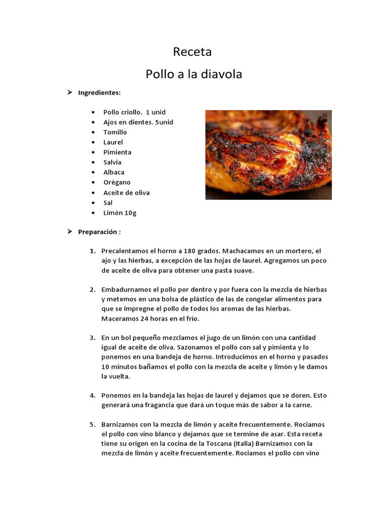 Pollo Alla Diavoni | PDF | Aceite de oliva | Cocina italiana