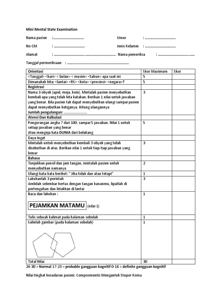 Kuesioner MMSE untuk Evaluasi Kognitif | PDF | Olahraga & Rekreasi