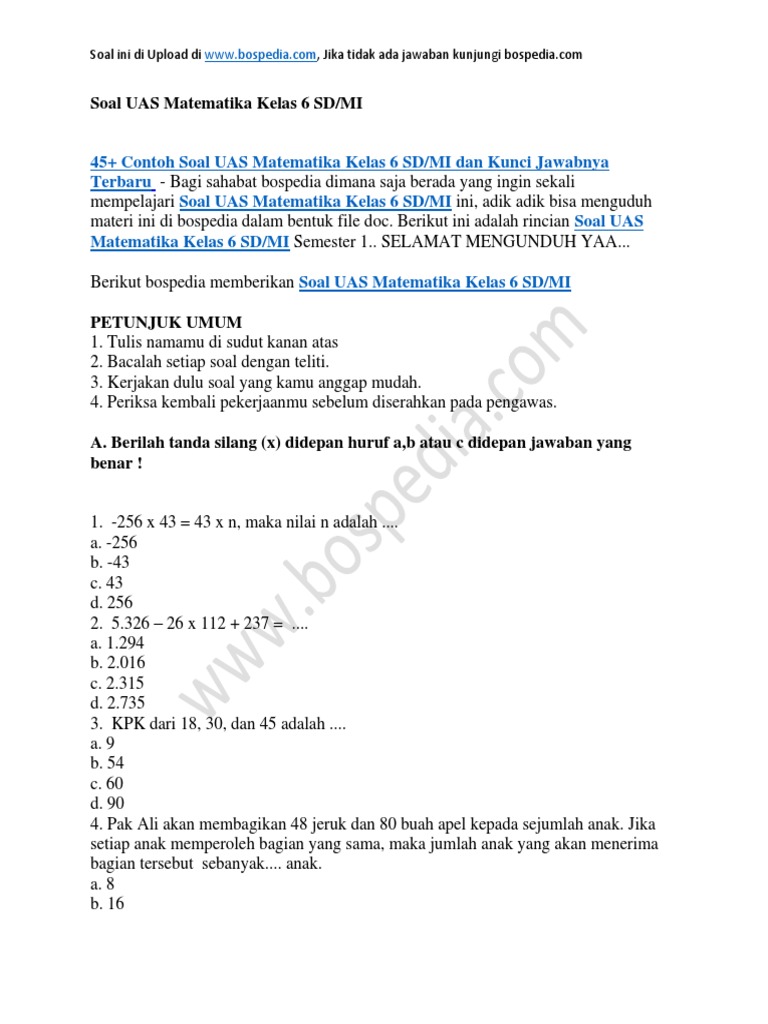 45 Contoh Soal Uas Matematika Kelas 6 Sd Mi Dan Kunci Jawabnya