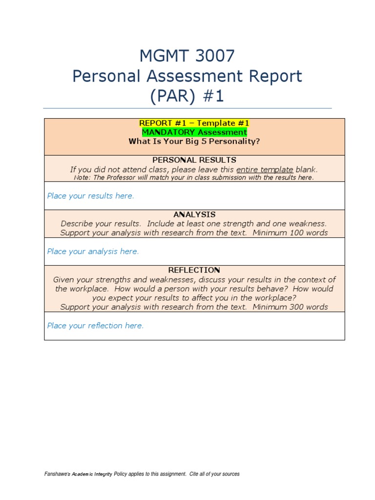 Personal Assessment Report Template | PDF | Psychological Concepts ...