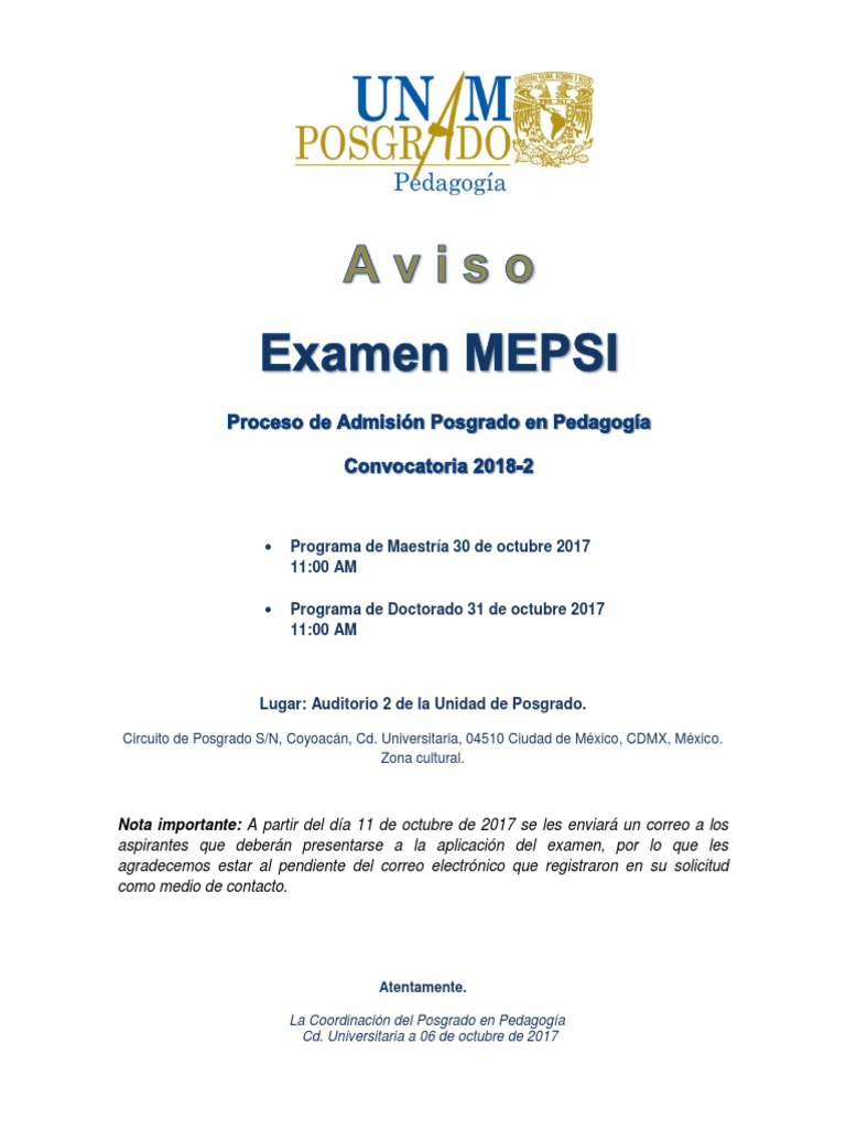 Aviso Examen MEPSI 2018-2 | PDF | Ciencias sociales