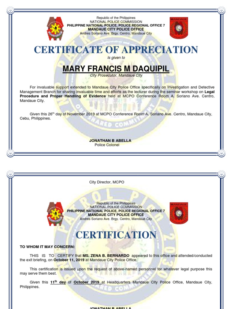 Certificates from Mandaue City Police | PDF | Emergency Services ...