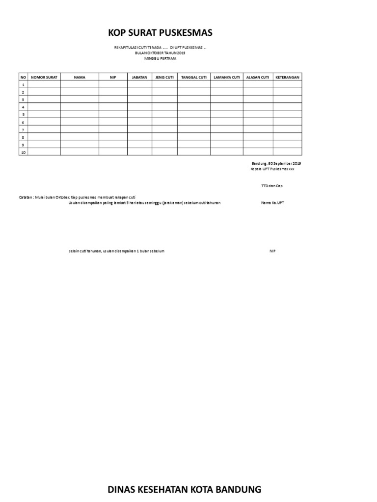 Rekap Cuti Tenaga Puskesmas Oktober 2019 | PDF