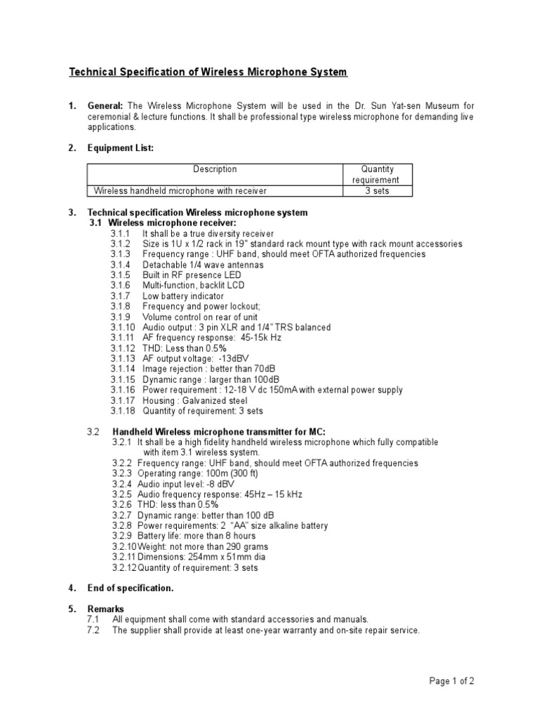 Technical Specification of Wireless Mic System Shure SLX24 - SM58 | PDF ...