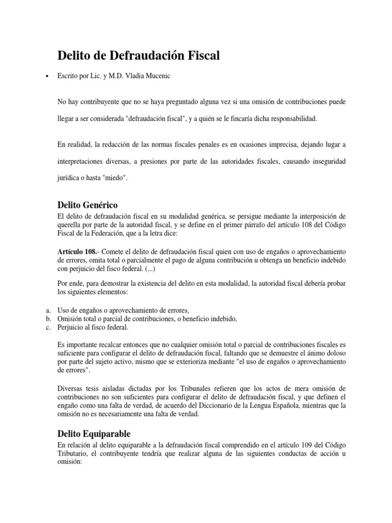 Delito de Defraudación Fiscal | PDF | Derecho penal | Intención ...
