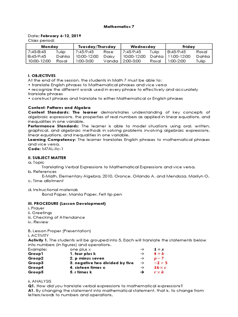 Mathematical Phrase Semi Detailed Lp Subtraction Teaching Mathematics