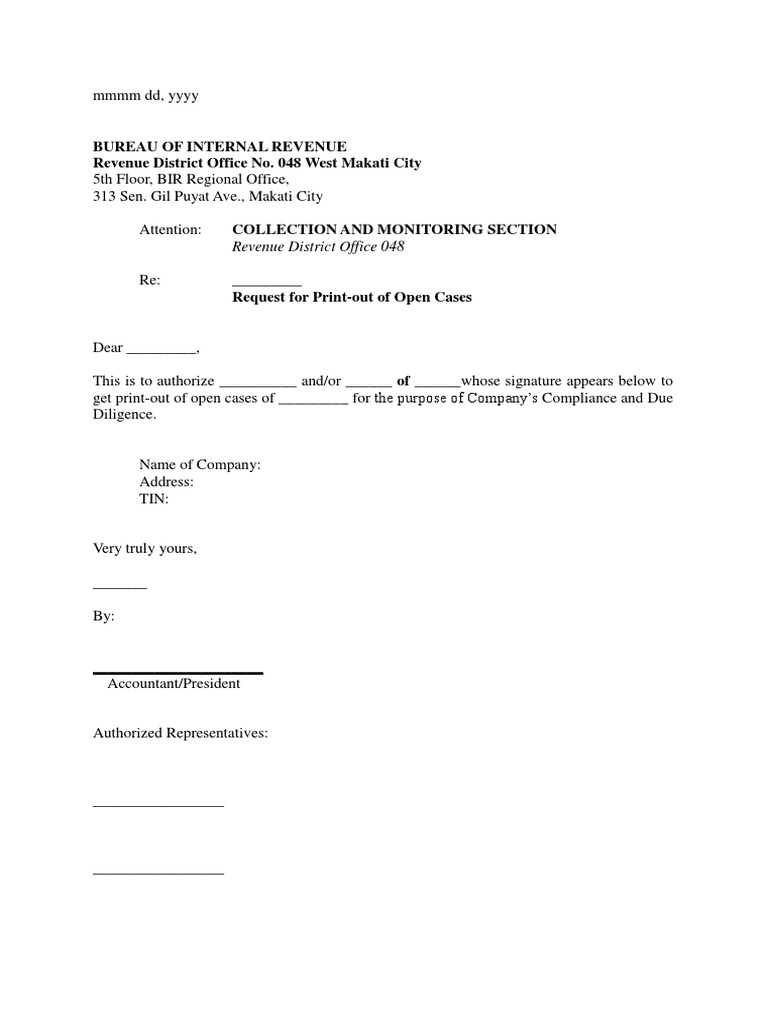 Request for BIR Open Cases Print-out | PDF | Finance & Money Management