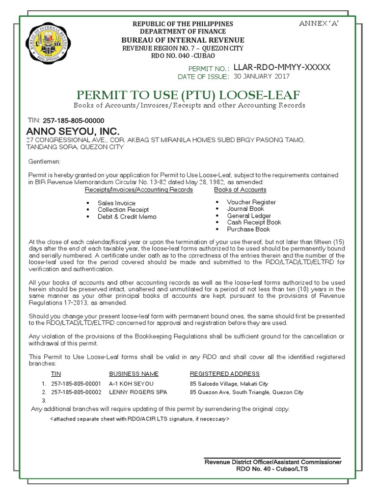 PTU Permit for LooseLeaf Books & Records PDF Debits And Credits
