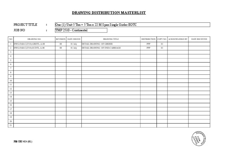 Project Details and Drawing Distribution Masterlist for a 5 Ton + 5 Ton