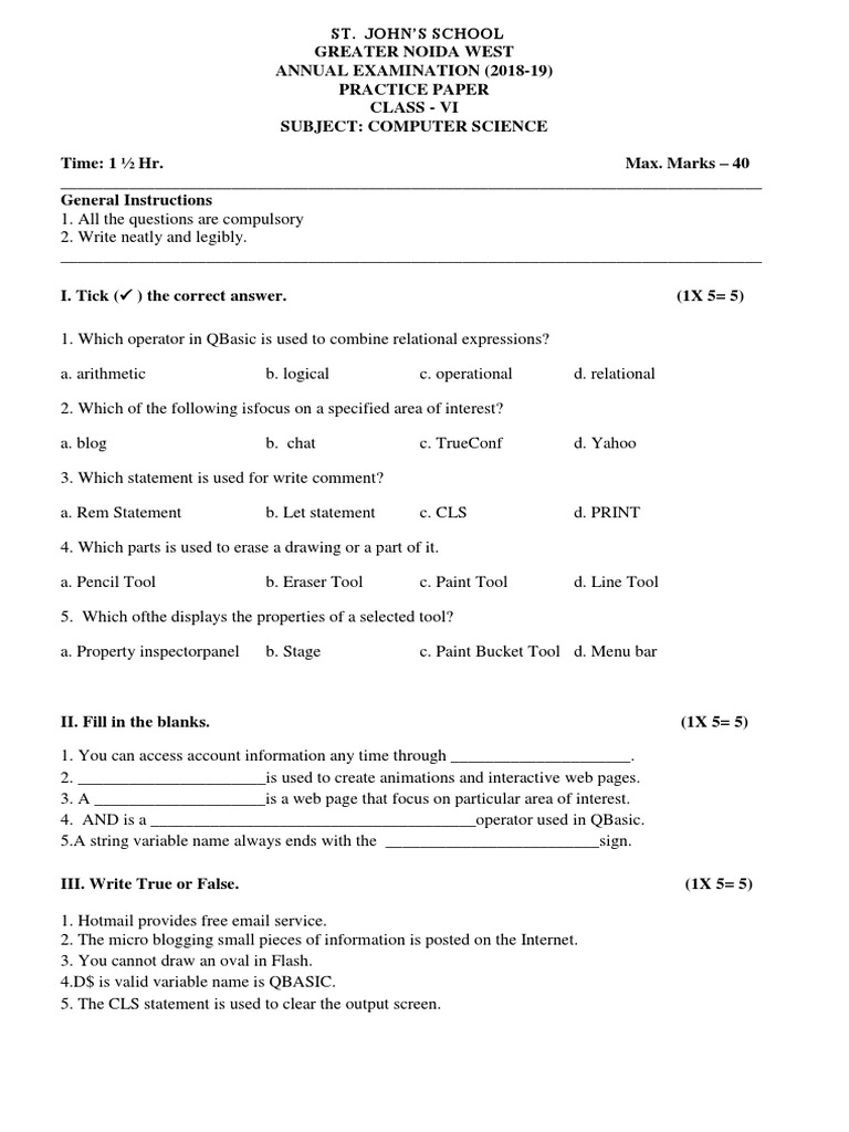 Practice Paper Class 6 Computer PDF Areas Of Computer Science Computing
