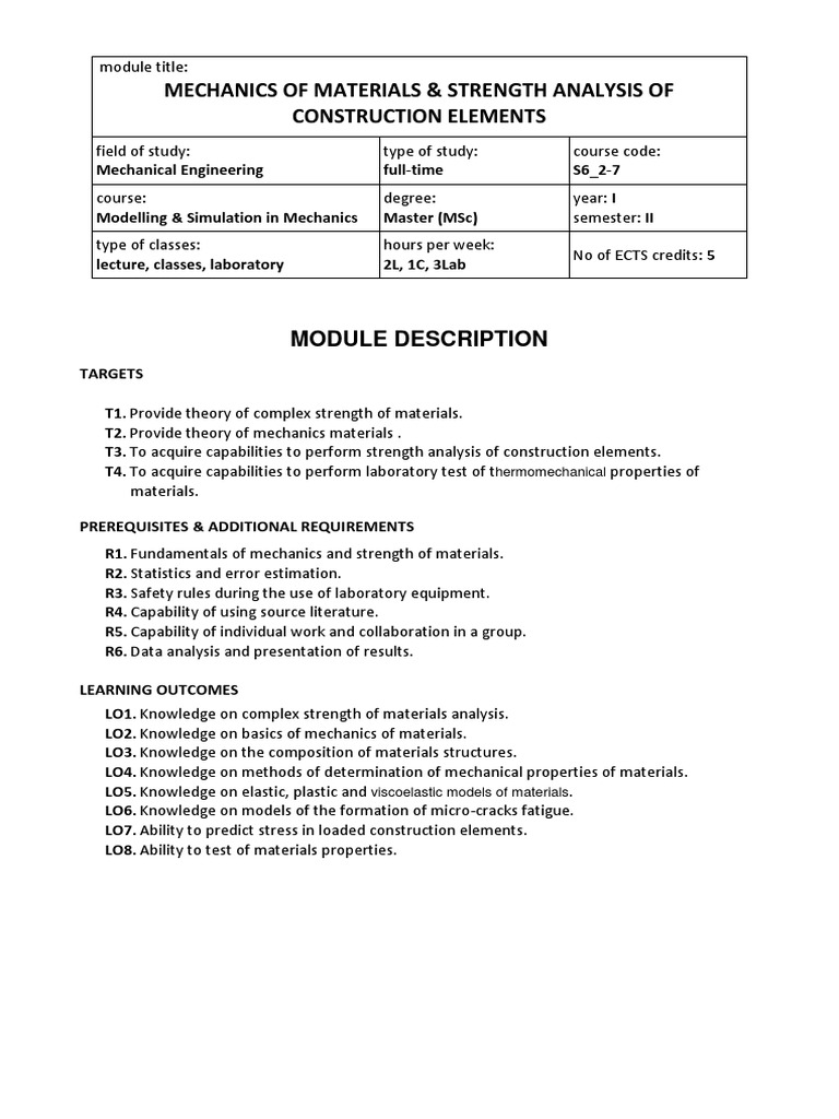 Mechanics of Materials Course Overview | PDF | Deformation (Engineering ...