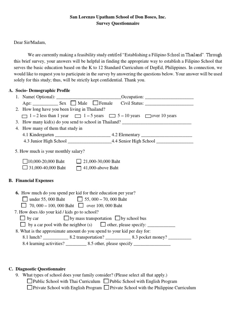 Survey Form For Feasibility Study PDF Schools Private School