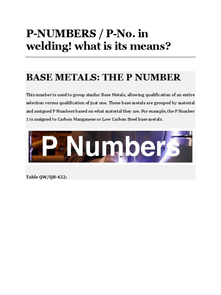 PART 70 PNUMBERS P‐No . in welding! what is its means