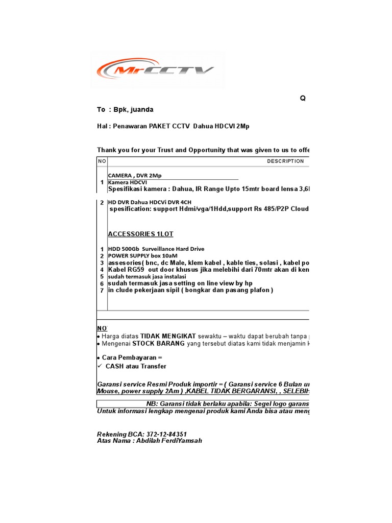 Penawaran Paket Cctv Dahua Hdcvi 2ch Pdf