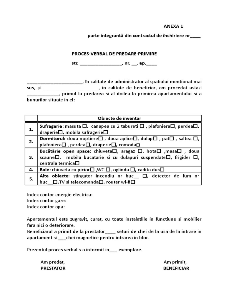 Proces Verbal De Predare Primire Apartament