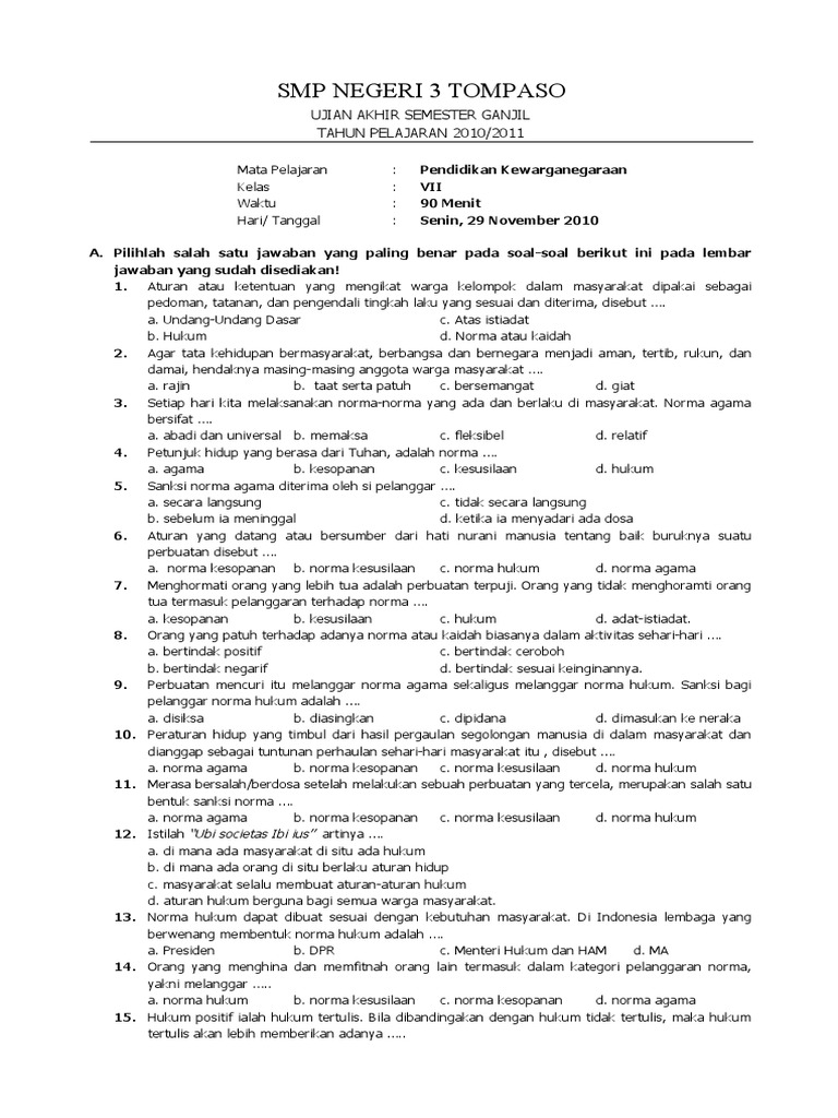 PKN Soal Uas Ganjil Kelas 7 SMP