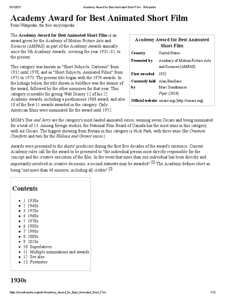 Academy Award For Best Animated Short Film - Wikipedia | PDF | Animation