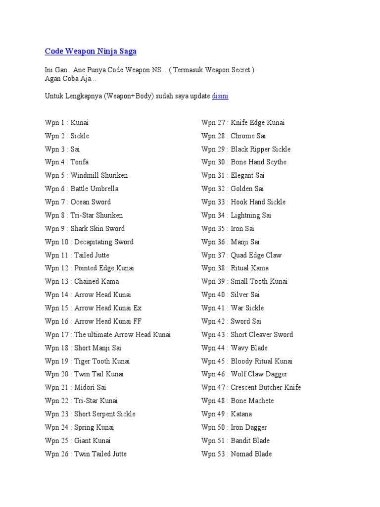Ninja Saga Weapon Codes List | PDF | Sword | Melee Weapons