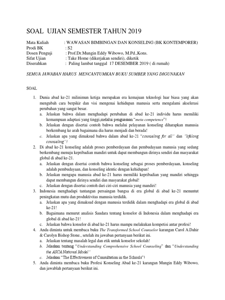 13 Desember 2019 Soal Ujian Semester 201 Wawasan Bimbingan Dan Konseling Mungin